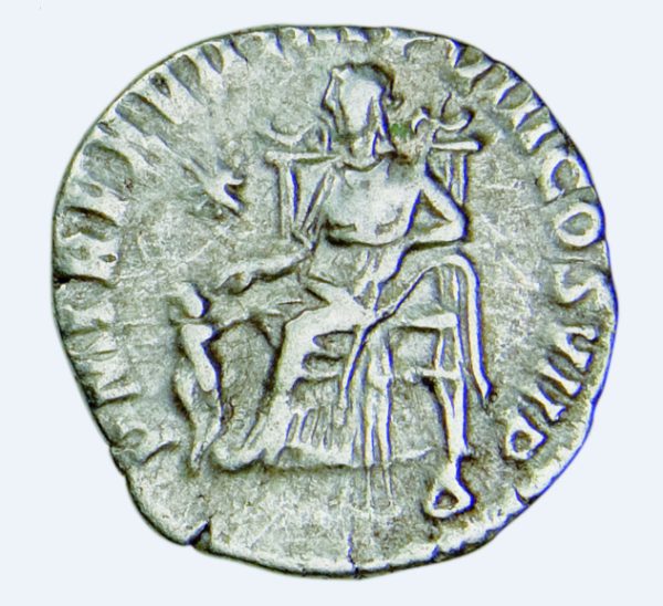 Denarius des Commodus mit sitzender Pietas